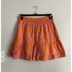 J Crew Womens Medium Pull‎ On Skirt Smocked Waist Floral Orange Pink Summer